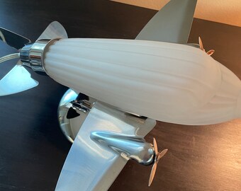 Vintage-Style Retro Airplane Desk/Table Lamp Frosted Glass Light with Silver Base