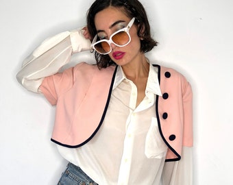 Vintage Cropped Jacket, 90s Pink Bolero Jacket, Trimmed Jacket, Cropped Blazer, Pink Crop Top, Contrast Blazer, Feminine Blazer