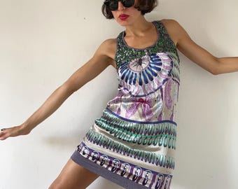 Robe Vintage Custo Barcelona En Soie Mixte - Motif Graphique Années 2000 - Taille L Occasion Très Bon état