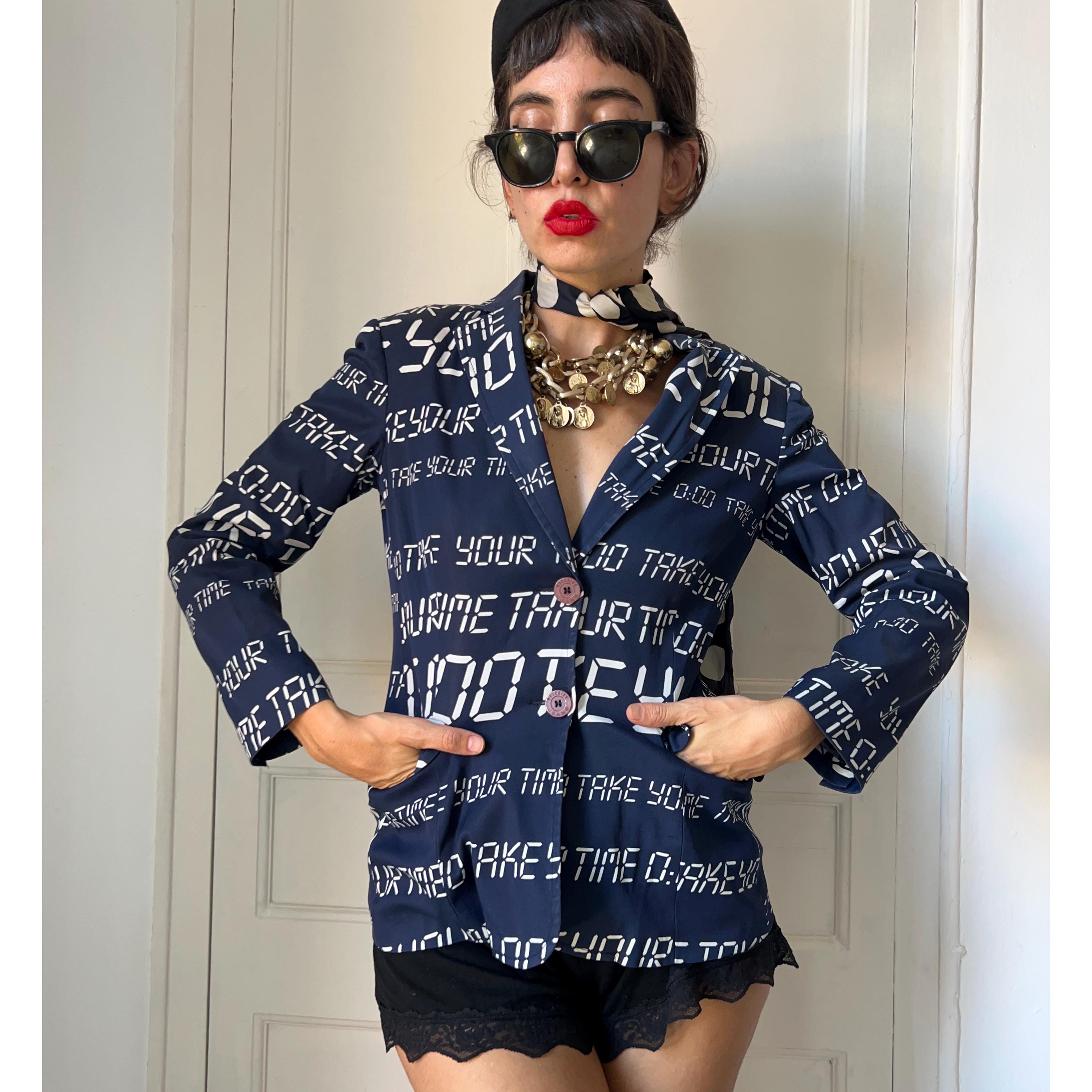 Vintage 90s Moschino Jeans Blazer Clock Print Text Pattern Blue