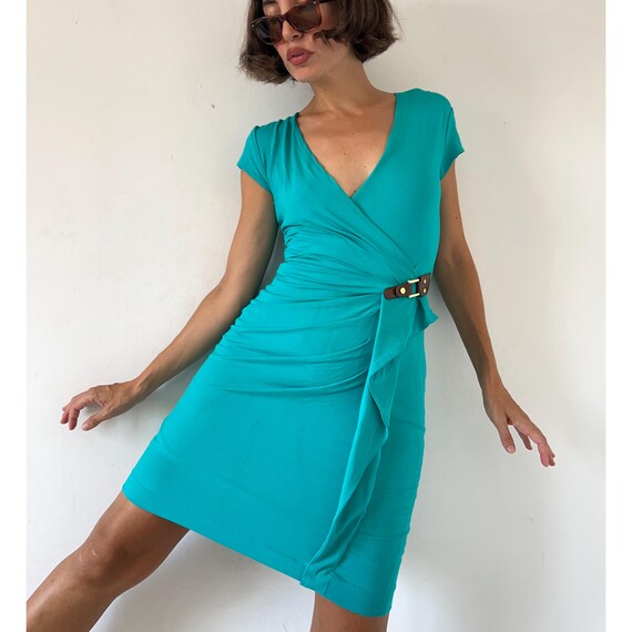 Vintage 90s CACHE Turquoise Knit Dress: Rayon Bodycon Midi