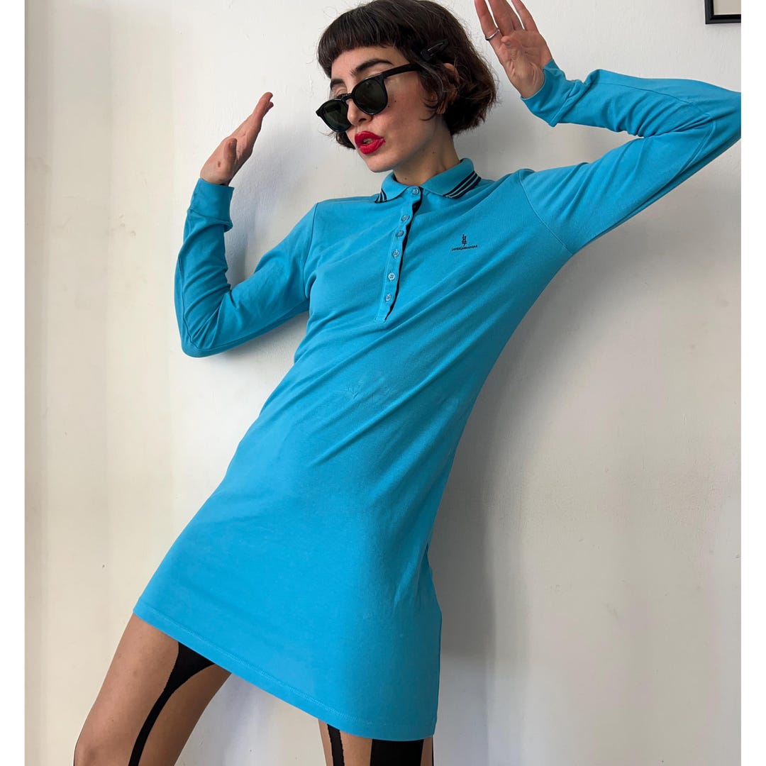 Vintage Y2K Blue Knit Mini Dress: Preppy Mod Polo With Black Trim