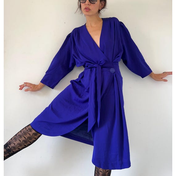Vintage 80s Purple Wrap Midi Dress, Puff Sleeves, Polyester Crepe