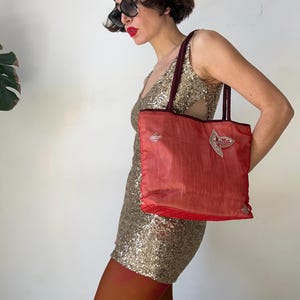 Vintage Y2K Red Mesh Shoulder Bag, Boho Embroidered Shopper, 2000s Fairycore Aesthetic Tote, Gypsy Style Festival Bag