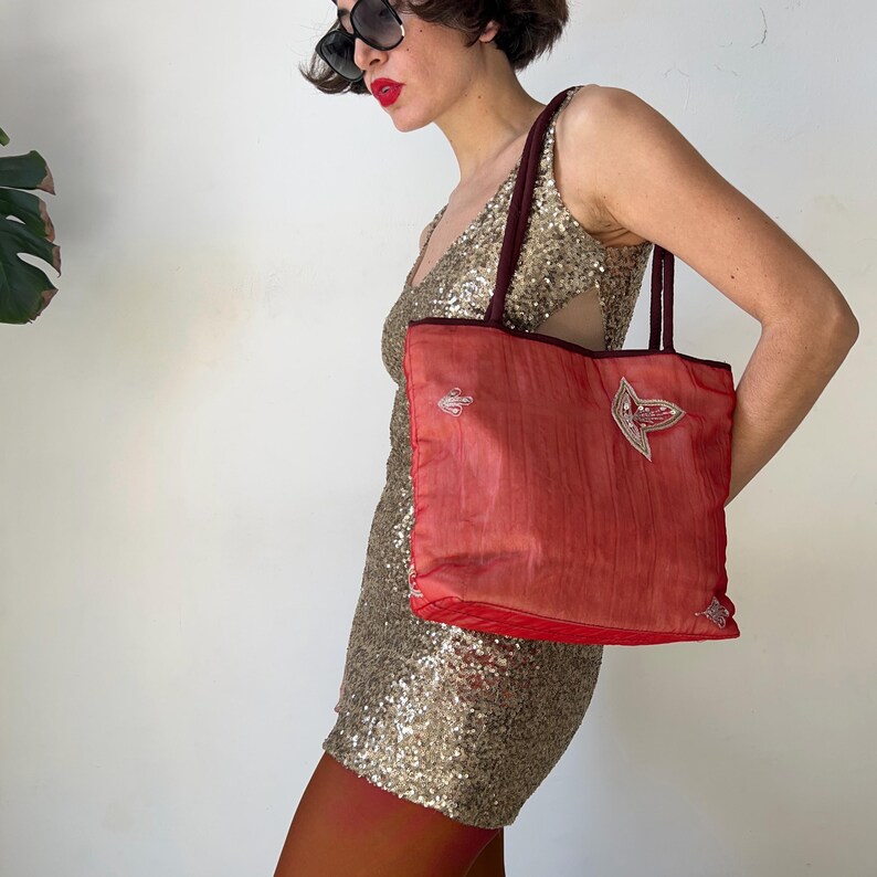 Vintage Y2K Red Mesh Shoulder Bag, Boho Embroidered Shopper, 2000s Fairycore Aesthetic Tote, Gypsy Style Festival Bag
