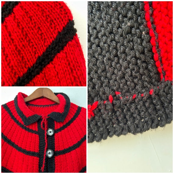 Vintage Hand Knit Striped Cape, 1990s Red Black C… - image 10