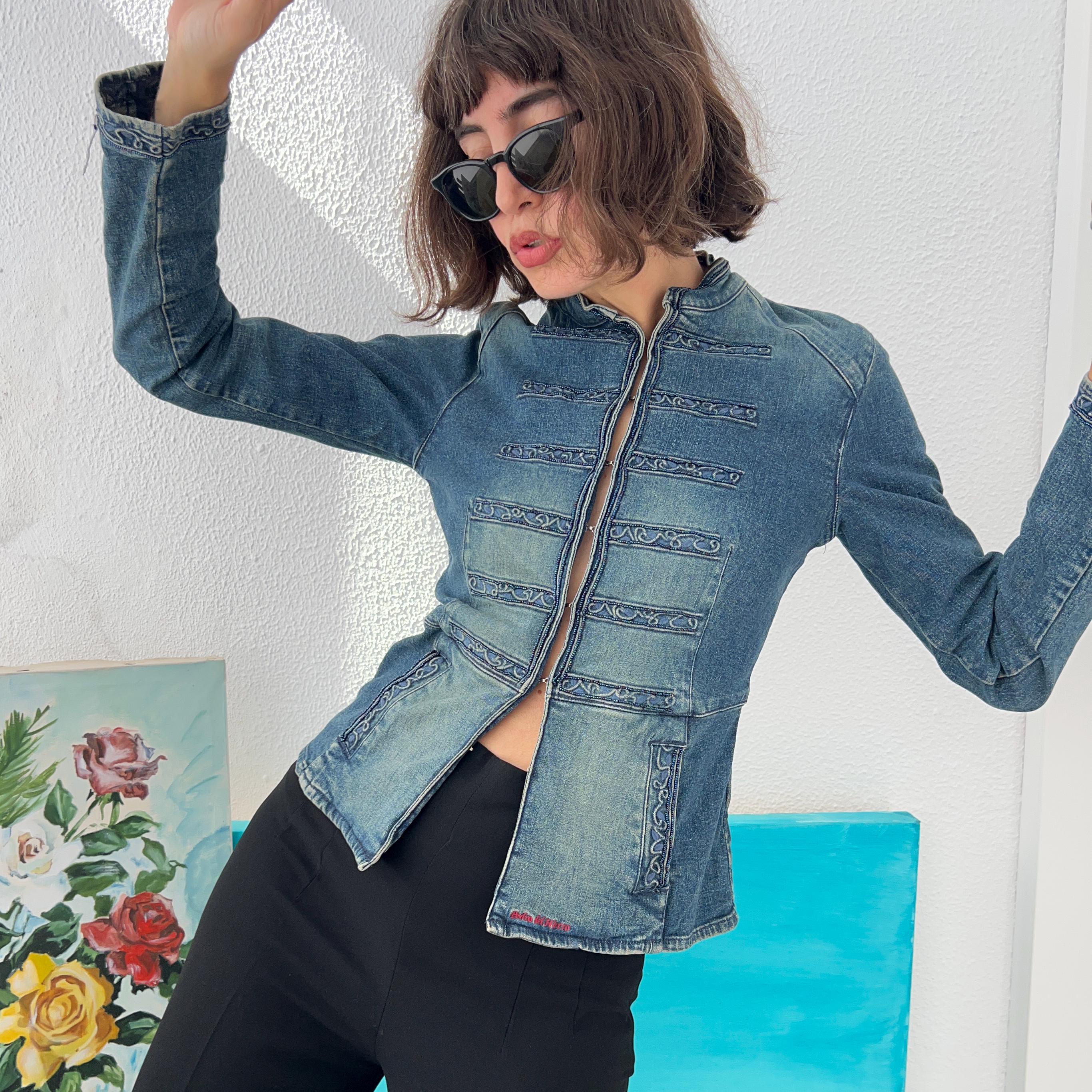 Vintage Y2k Denim Beaded Jacket: Hook & Eye Mandarin Collar Tight