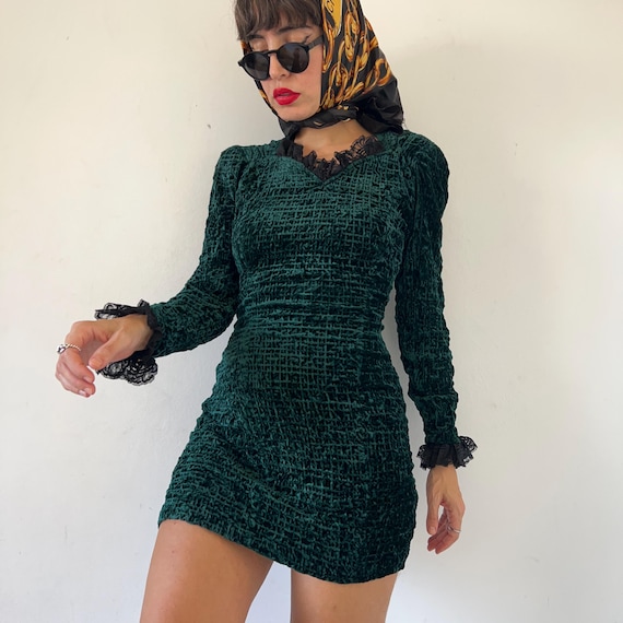 dark green velvet mini dress Vintage 90s Smocked Lace Trim Whimsigoth Emerald Sheath Gown Design:Santa 2 The Macie Halter Maxi $400 - $500 Long sleeve Elevate your wardrobe with