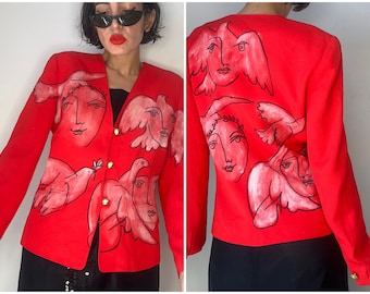 Blazer dessin de Picasso peint à la main, veste boutonnée rouge cubisme, veste d'art graphique des années 90, veste d'artiste vintage retravaillée, cadeaux personnalisés