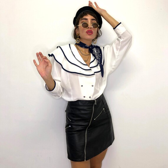 80s sailor ruffled romantic white blouse. Vintage