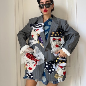 Reworked Pinstripe Blazer Avant Garde Wearable Art Jacket Eclectic Face Patch Grey Coat