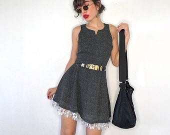 Vintage Polka Dots Tank Dress, 90s Black Gray A-Line Mini Dress, Lace Hem Dress, Grunge Sleaze Dress, Dotted Sleeveless Dress,