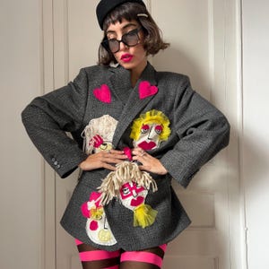 Unique Patchwork Wool Blazer, Women's Face Embroidery, Upcycled Art Jacket, Statement Piece