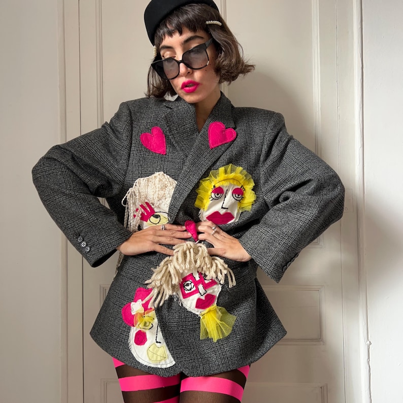 Unique Patchwork Wool Blazer, Women's Face Embroidery, Upcycled Art Jacket, Statement Piece