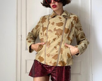 Vintage Cow Print Moto Jacket: Brown Faux Leather Patchwork Western Animal Print Biker Coat
