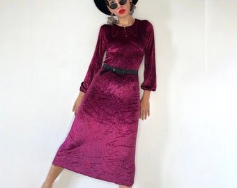 Vintage 90s Magenta Velvet Peter Pan Collar Midi Dress | Purple Velour Whimsigoth | Long Sleeve