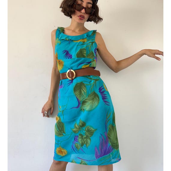 knee length dresses for ladies Turquoise Floral Midi Dress with Cropped Cardigan – Sleeveless Fit & Flare AQUA/IVORY/BLACK / 12 main image 0