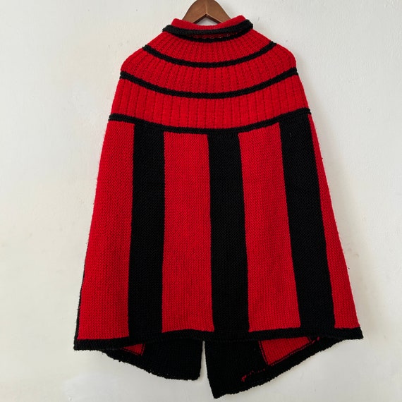 Vintage Hand Knit Striped Cape, 1990s Red Black C… - image 9