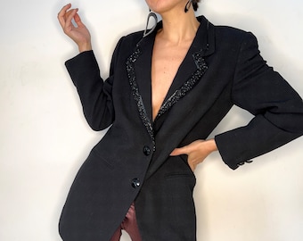 Vintage 80s Black Wool Blazer Sequin Collar Santa Eulalia Spain Jacket