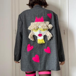 Unique Patchwork Wool Blazer, Women's Face Embroidery, Upcycled Art Jacket, Statement Piece
