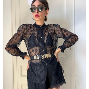 Vintage 90s Black Lace Blouse Sheer Floral Gothic Romance Ruffle Long Sleeve Shirt