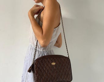 Vintage 70s Snake Leather Crossbody Bag: Brown Quilted Chain Strap Purse