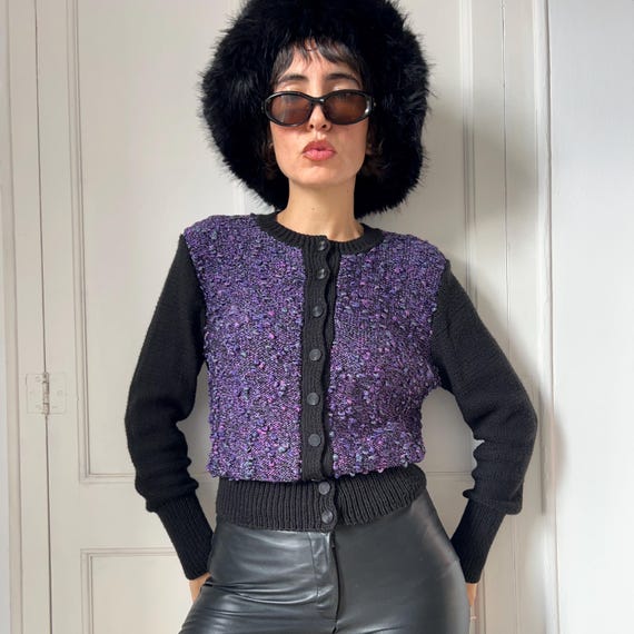 Vintage 90s Purple Bouclé Cardigan | Retro Tweed Knit Jacket 