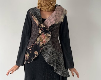 Vintage Patchwork Wool Tailcoat: Y2K Asymmetrical Ruffle Jacket
