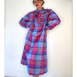 Vintage 70s Plaid Midi Dress: Pastel Purple Pink Blue Ruffle Collar