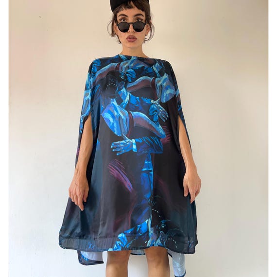 designer trapeze dress Handmade Blue Art Cape Capelet Sleeve Oversized Graphic Flowy Gown 1039192. US SIZE:8 Sewing pattern Bloon Luxury ECI Women's Dresses for