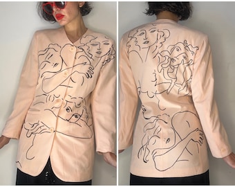 Blazer dessin Matisse peint à la main, veste boutonnée rose avant-gardiste, veste d'art graphique des années 90, cadeau veste personnalisée vintage retravaillé