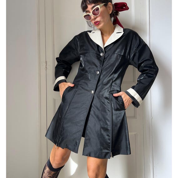 Nina Ricci, Vintage 90s Nina Ricci Evolution Glossy Black Coat Dress Ivory Collar Zipper Godet Jacket