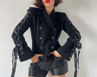 Vintage Cashmere Wool Cropped Blazer, Y2k Gothic Romance Italian Lace Up Jacket