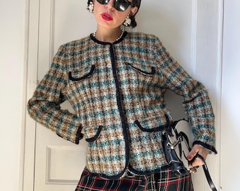 Vintage 90s Plaid Tweed Blazer: Earth Tones Wool Mohair Cropped Jacket