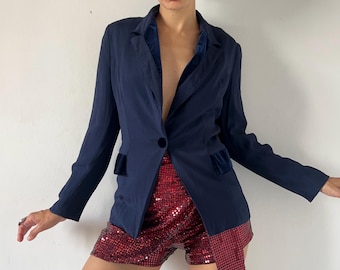Vintage 90s Navy Blue Fitted Blazer Black Velvet Trim Corporate Goth Intrigo Jacket Medium