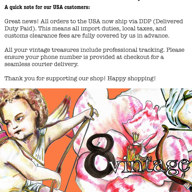 May include: A colourful illustration featuring a cherub with curly hair holding a bow and arrow, positioned next to a large pink and white flower. The text 8 vintage is displayed in black lettering over the orange background and floral design.