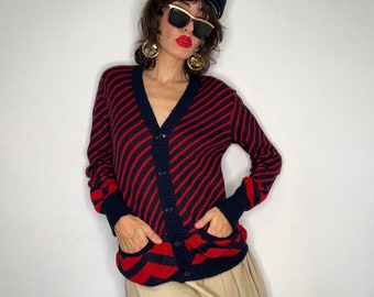 Vintage Long Striped Cardigan, 80s Red and Blue Wool Blend Knit Jacket, Nautical Sweater with Pockets, Retro Preppy Cardigan