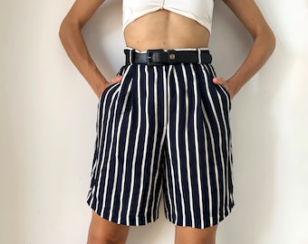 Vintage Striped Bermudas Shorts, 90s High Waisted Summer Pants with Pockets, Navy White Elastic Waist Marine Viscose Shorts