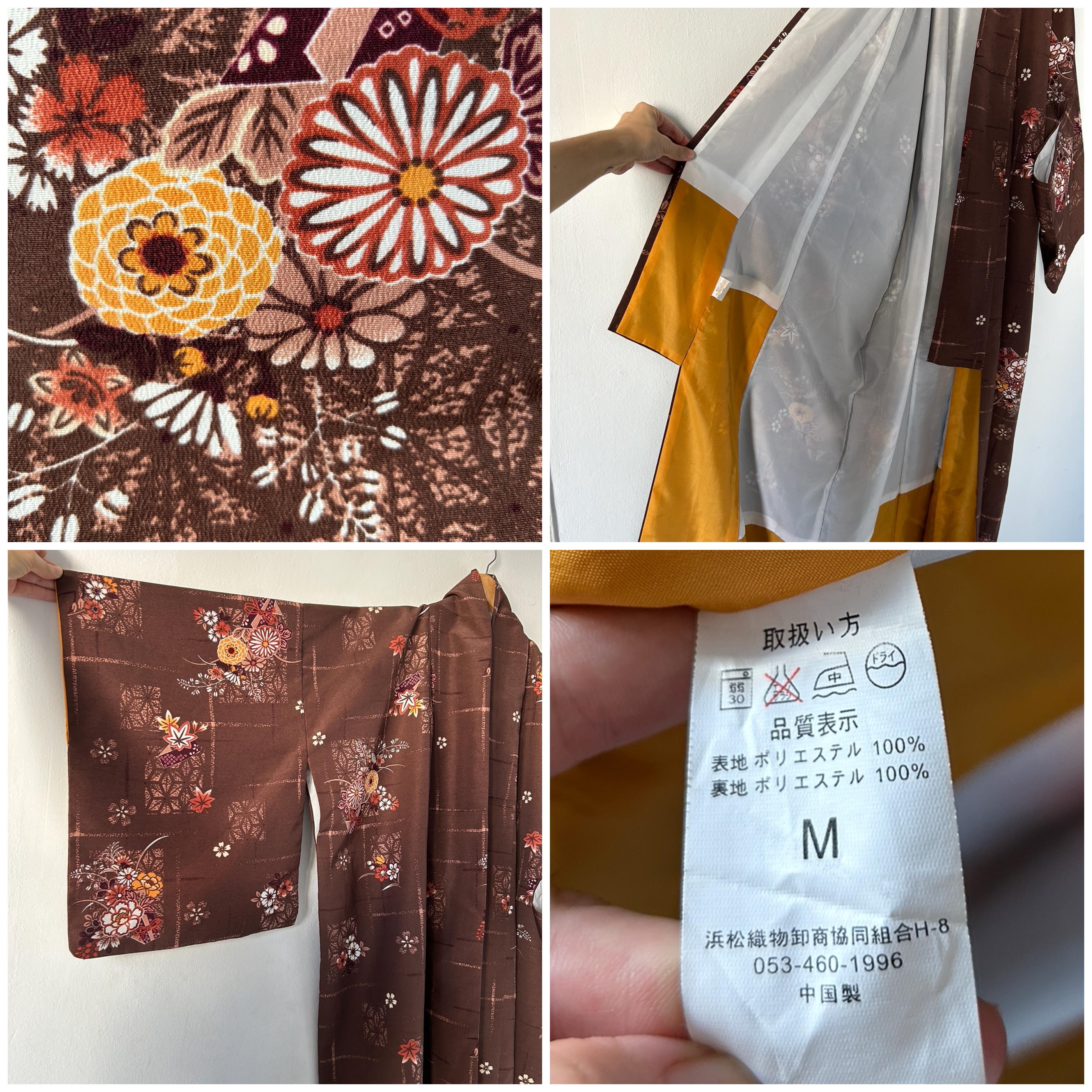 Vintage 70s Floral Print Brown Traditional Kimono, Long Vintage 70s Floral Print Brown Traditional Kimono, Long
