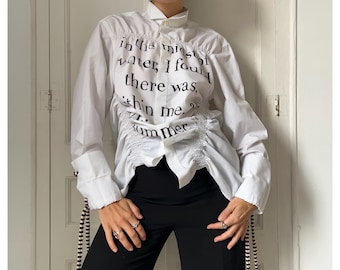 Upcycled White Albert Camus Quote Shirt | Reworked Gathered Blouse, Sustainable Fashion