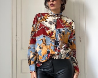 Vintage jaren 90 paardensportprint zijdezachte blouse, barok topje met statement-paardrijden