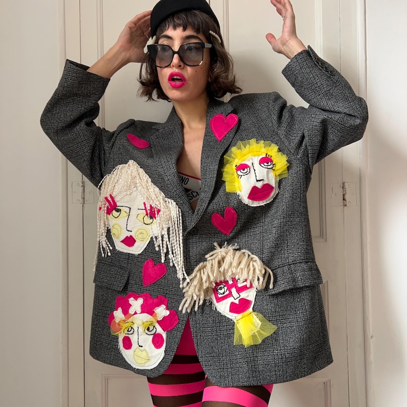 Unique Patchwork Wool Blazer, Women's Face Embroidery, Upcycled Art Jacket, Statement Piece