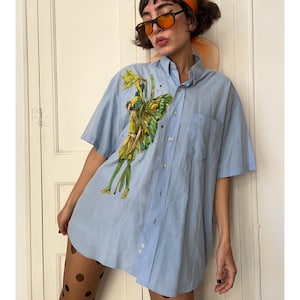 Custom Hand Painted Fairy Fantasy Shirt, Reworked Vintage Goblincore Illustration Gender-Neutral Blue Button Up Down, Personalized Gifts