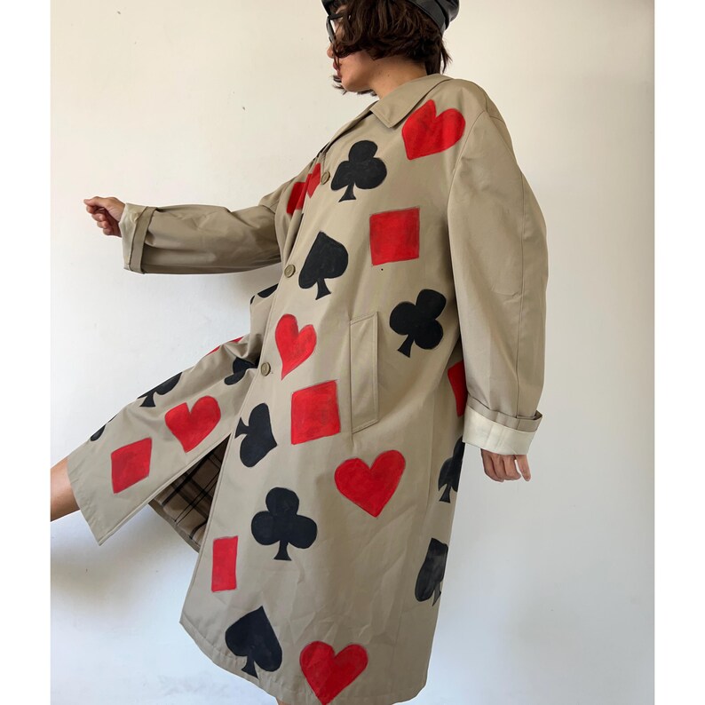 Hand Painted Trench Coat – Card Suits, Harlequin Art, Avant Garde ...