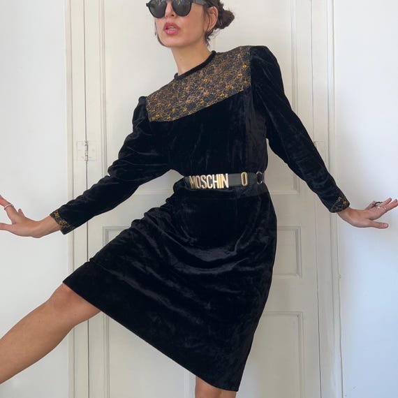 Vintage 90s Black Velvet Dress, Gold Lace Yoke & Cuffs, Puffy Sleeve Midi Dress