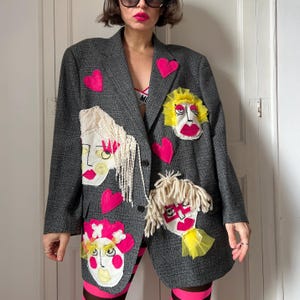 Unique Patchwork Wool Blazer, Women's Face Embroidery, Upcycled Art Jacket, Statement Piece