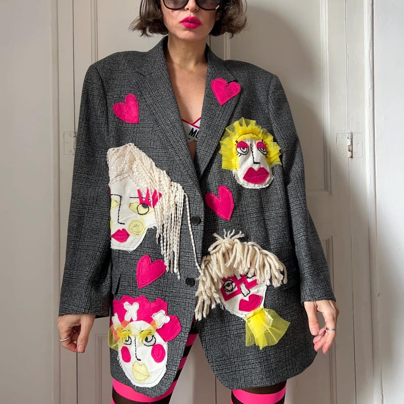 Unique Patchwork Wool Blazer, Women's Face Embroidery, Upcycled Art Jacket, Statement Piece