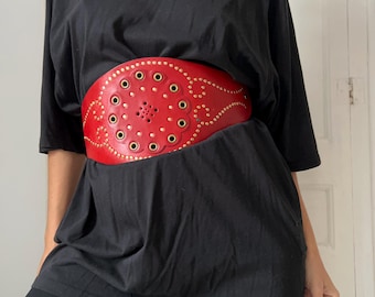 Vintage Red Leather Studded Corset Belt, Wide Boho Festival Waist Cincher, Y2K Cowgirl Indie Sleaze Statement Accessory