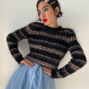 Vintage Mohair Wool Striped Knit Sweater, 90s Fuzzy Fluffy Black Pink Gray Cropped Pullover Cardigan, Amaya Arzuaga. Designer Knitwear Gifts