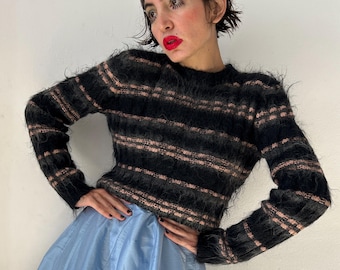 超美品❗️90s VINTAGE ENGLAND MOHAIR KNIT Vintage Mohair Knit Sweater: 90s Striped Cropped Cardigan